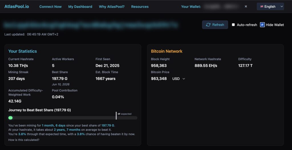 The AtlasPool.io dashboard shows each worker’s hashrate, session best difficulty, and uptime — a professional alternative to hosted Public Pool or CkPool for low latency solo mining